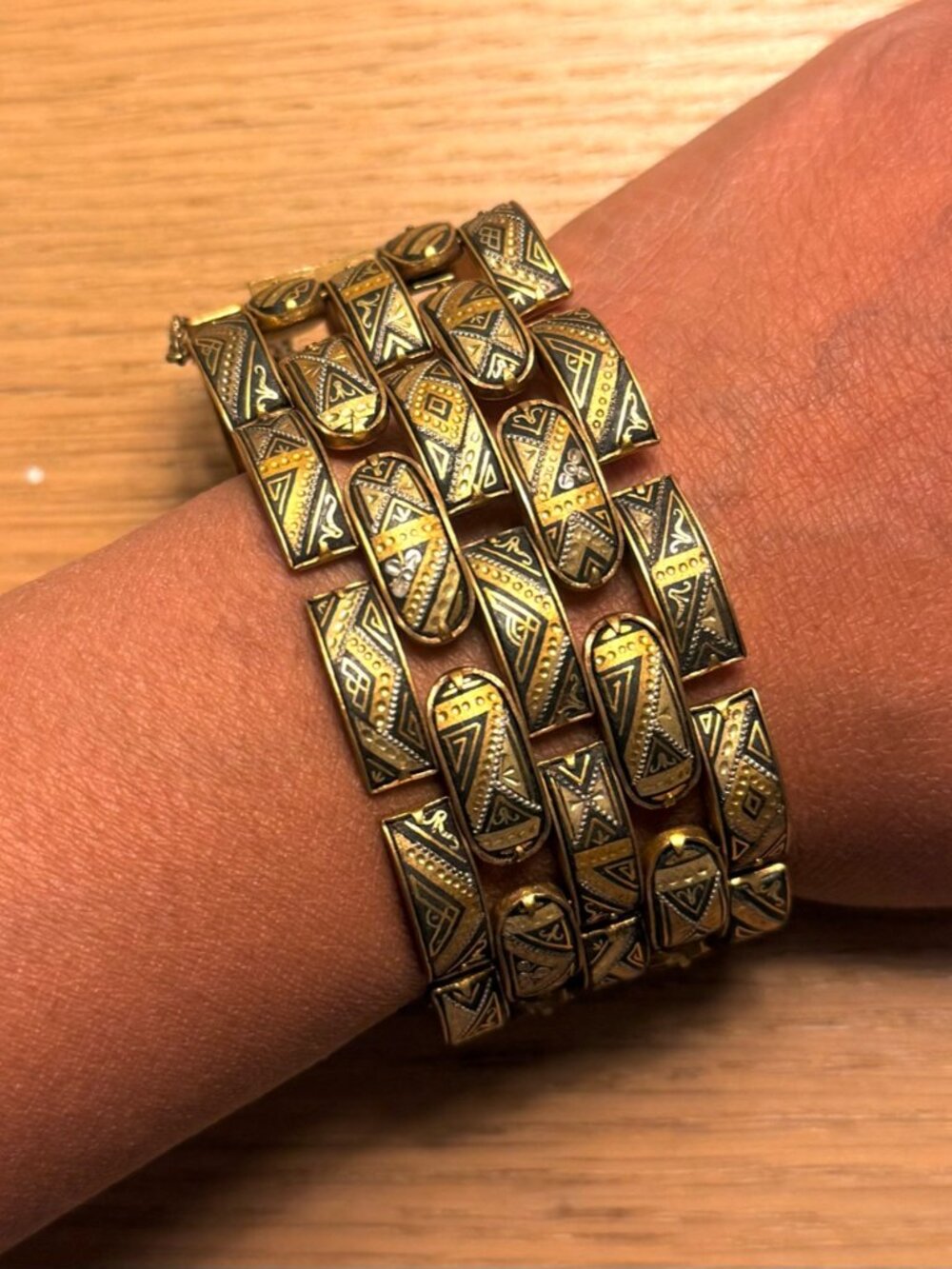 Black & Gold Tone Wide Geometric Link Statement Bracelet Safety Chain